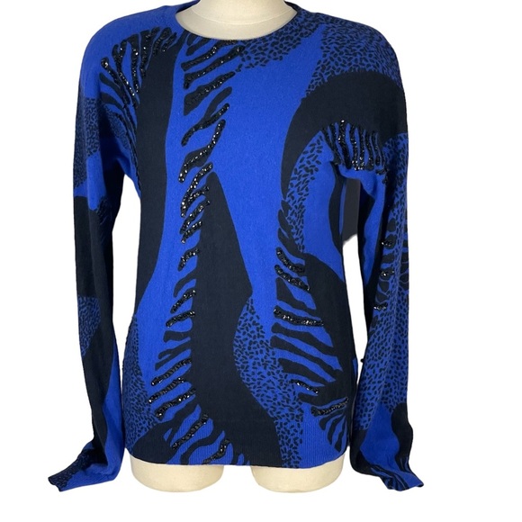 Vintage 80’s Tiano Blue Black Wool Angora Sequin Embellished Sweater Sz M - Picture 1 of 11